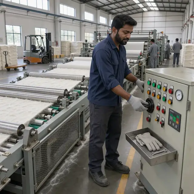 a worker adjusting controls on a large nonwoven production line with fiber carding equipment visible in the background