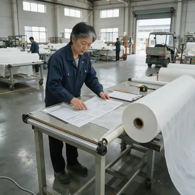 a worker at a roll-up desk reviewing printed specification sheets next to a large roll of white nonwoven fabric