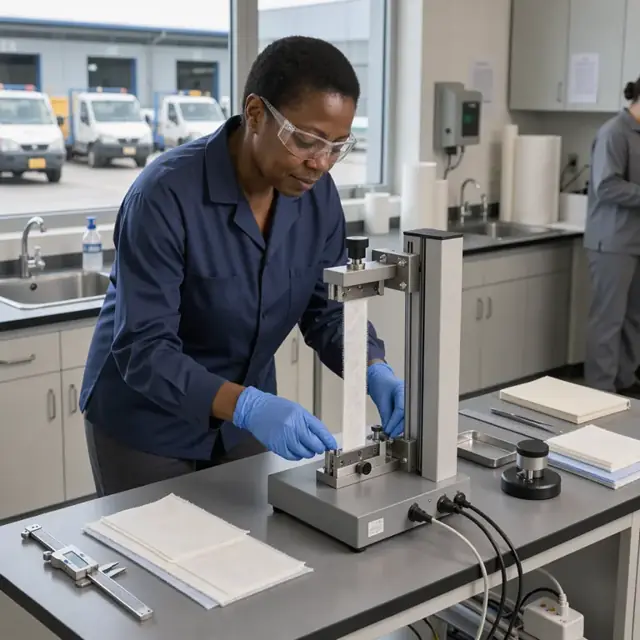 a worker using a tensile tester on a strip of nonwoven fabric at a lab bench with calipers and thickness gauge nearby