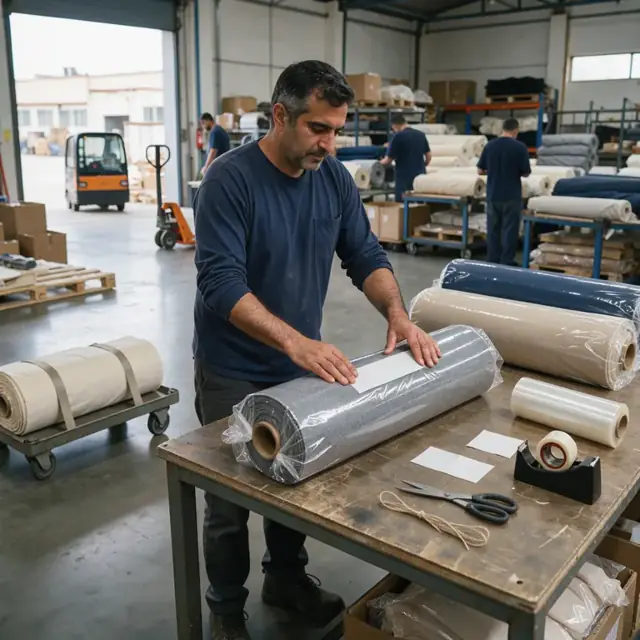 a worker labeling and wrapping large rolls of knit fabric on a packing table before shipment