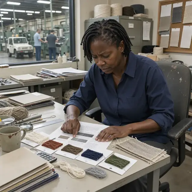 a worker at a desk examining a printed fabric specification sheet next to yarn swatches and a gauge measure in a mill office