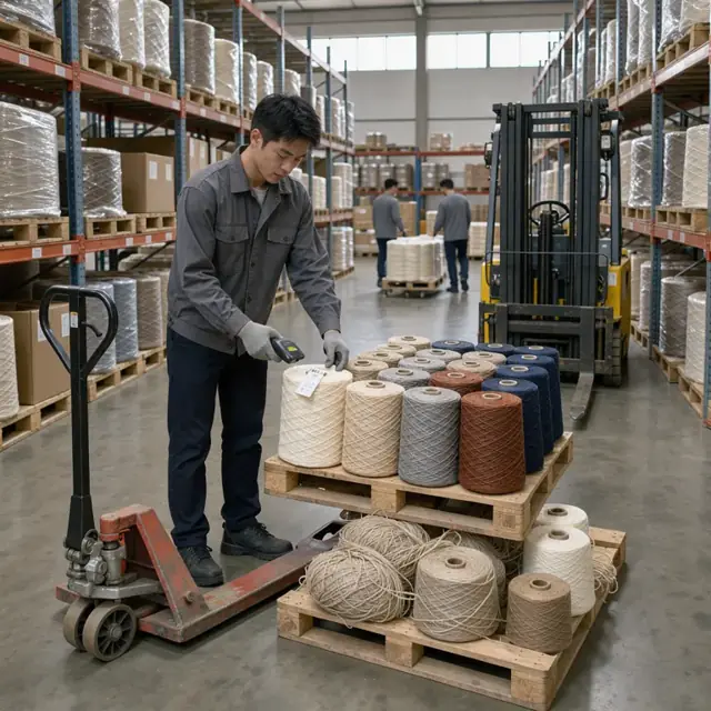 a worker scanning yarn cones on pallets inside a mill warehouse with tall metal shelving
