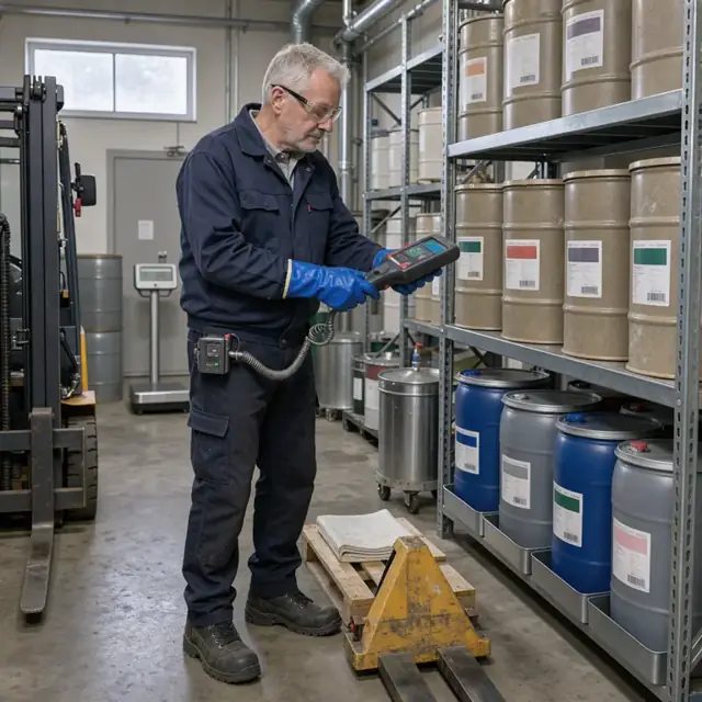 a worker in protective gloves scanning barrels of powdered dye and liquid auxiliaries on metal shelving inside a chemical storage room