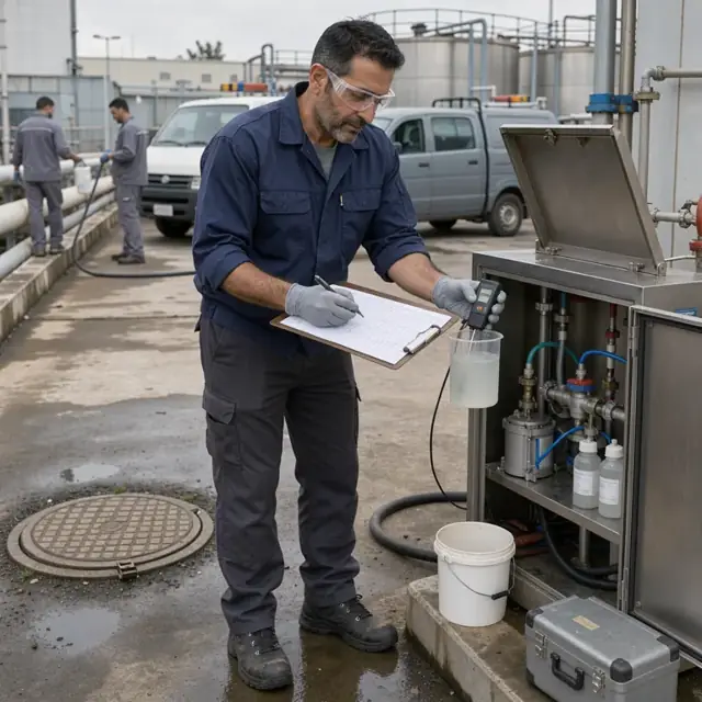 a worker wearing safety glasses checking pH and recording numbers on a clipboard beside an industrial wastewater sampling station