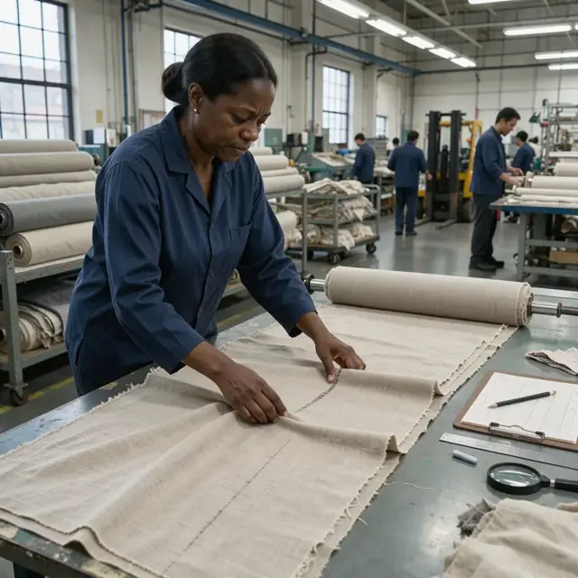 a worker at a large inspection table unrolling a bolt of greige fabric under bright overhead lights to check for defects before marking specifications on a clipboard