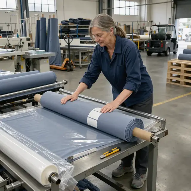 a worker rolling a large bolt of finished fabric on an inspection table and applying labels before wrapping in protective plastic