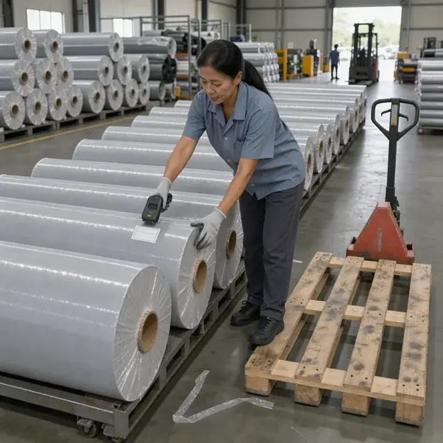 a worker scanning finished coated fabric rolls with a handheld scanner before loading them onto a wooden pallet in a warehouse
