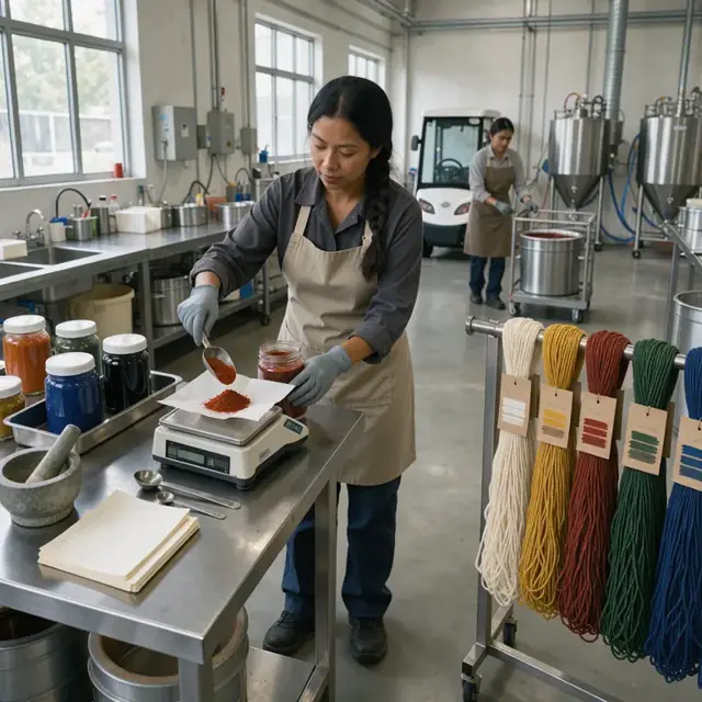 a worker in a dye lab measuring powdered dyes on a scale with labeled yarn skeins hanging nearby