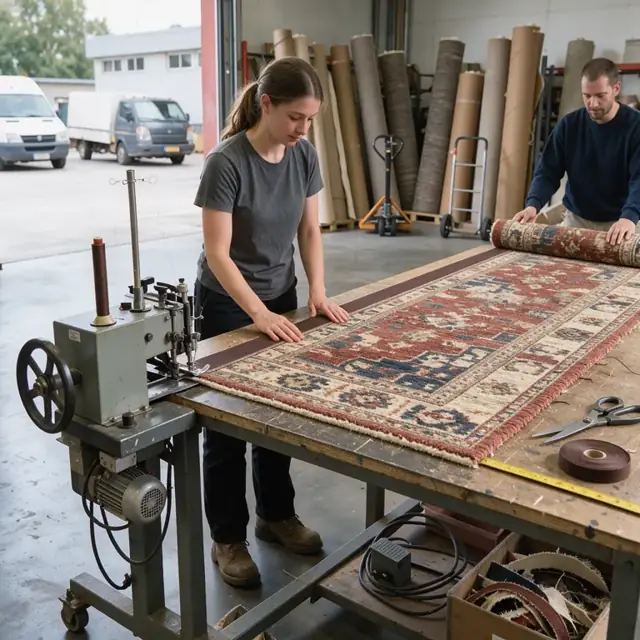 a worker guiding the edge of a large area rug through an industrial binding machine on a long work table