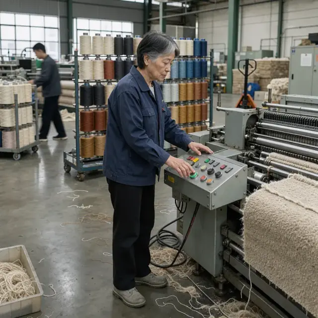 a worker standing at the control panel of a large industrial tufting machine with rows of yarn cones behind