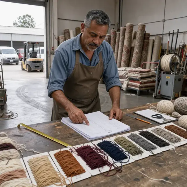 a worker at a large table reviewing rug order documents next to yarn color swatches and a measuring tape