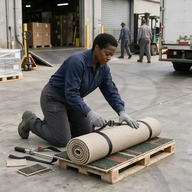 a worker rolling a finished carpet tightly and securing it with straps on a shipping dock next to a loading bay