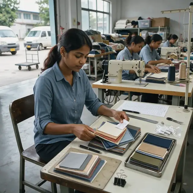 a worker organizing fabric sample swatches, care labels and inspection forms at a desk beside a row of sewing machines