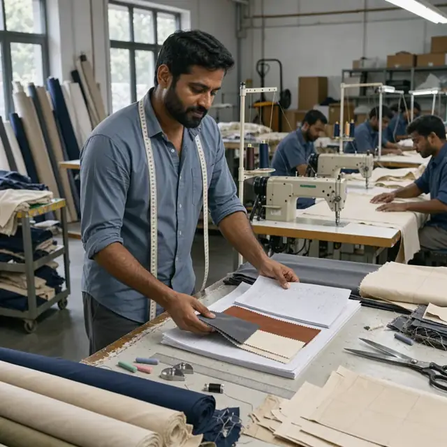 a worker at a large cutting table reviewing fabric swatches and order sheets next to a row of industrial sewing machines