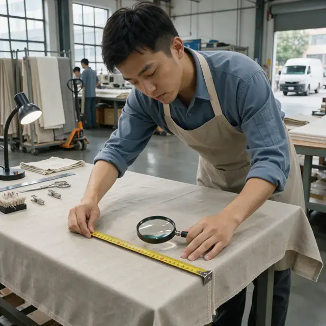 a worker using a measuring tape and magnifying glass to check the hem and seams on a finished linen tablecloth at an inspection station