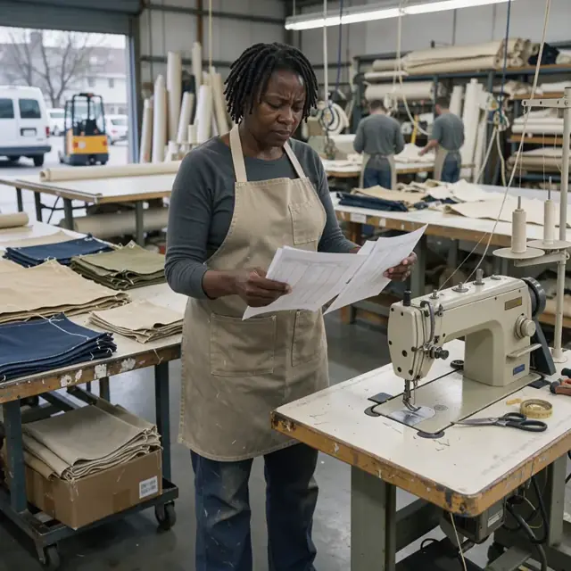 a worker reviewing production schedule printouts next to an industrial sewing machine with cut canvas pieces stacked nearby