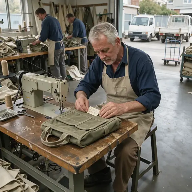 a worker attaching a woven label to the seam of a completed canvas tool bag at a sewing station