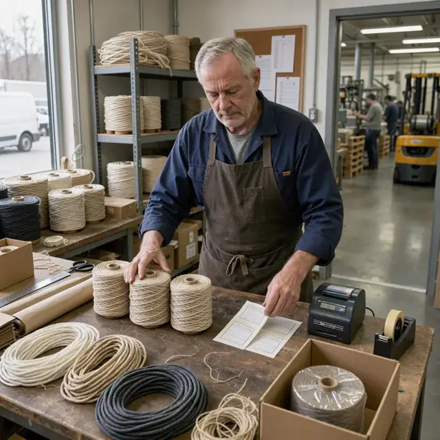 a worker in a mill office organizing spools of finished cordage and preparing shipping labels at a packing station