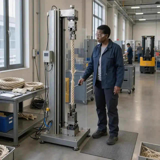 a worker using a tensile testing machine to pull a rope sample to measure its breaking strength in a lab setting