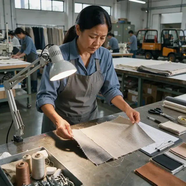 a worker in a workshop reviewing a fabric sample under a bright inspection light next to a clipboard with test logs