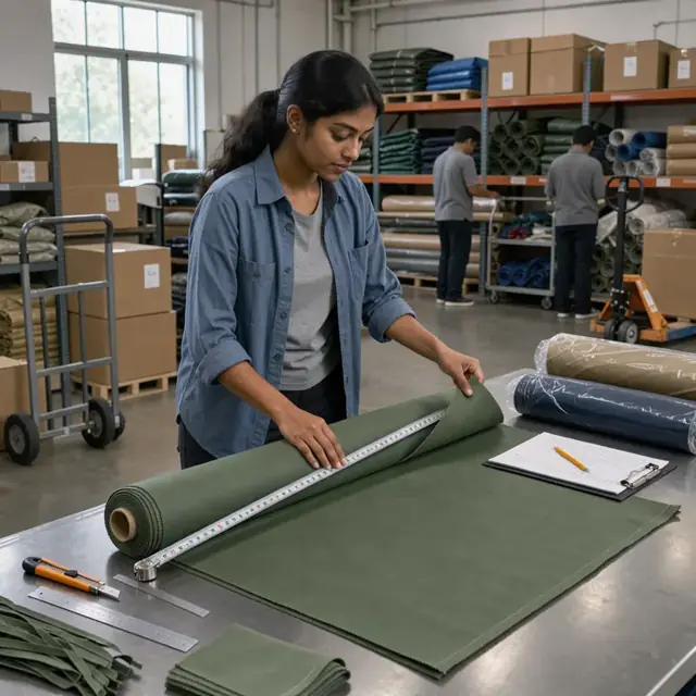 a worker measuring and inspecting a new bolt of outdoor fabric against an inventory checklist in the stockroom