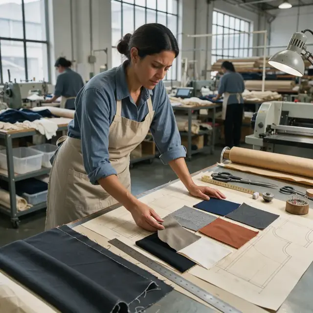 a worker at a large cutting table examining fabric samples and technical drawings spread across pattern paper