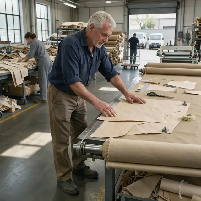 a worker arranging paper patterns across a long bolt of heavy canvas on an industrial cutting table