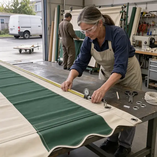 a worker using a measuring tape and tension gauge to check seams on a finished canvas awning laid flat on a table