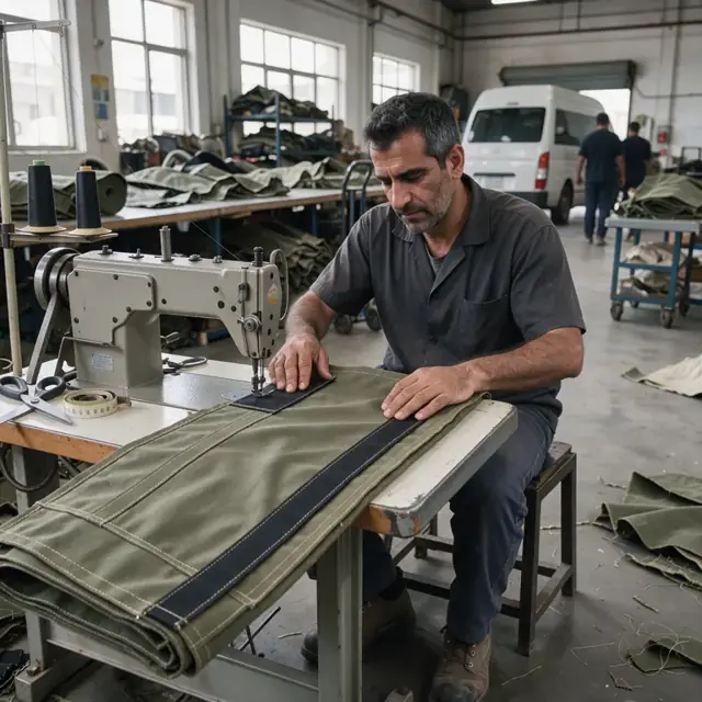 a worker operating a large industrial sewing machine stitching heavy webbing onto a reinforced textile panel