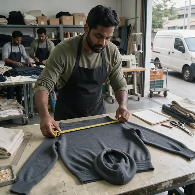 a worker measuring a finished knit hoodie laid flat on a work table with a tape measure and notepad