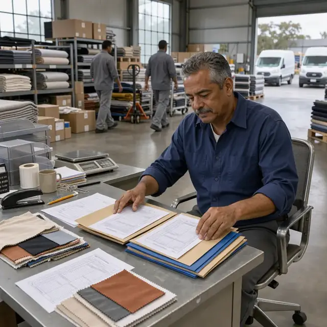 a worker at a desk organizing stacks of fabric test reports, labels and shipping documents into folders