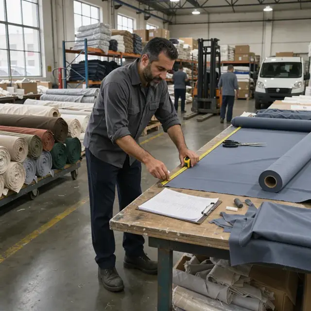 a warehouse worker measuring a bolt of fabric on a cutting table with a tape measure and clipboard of open orders