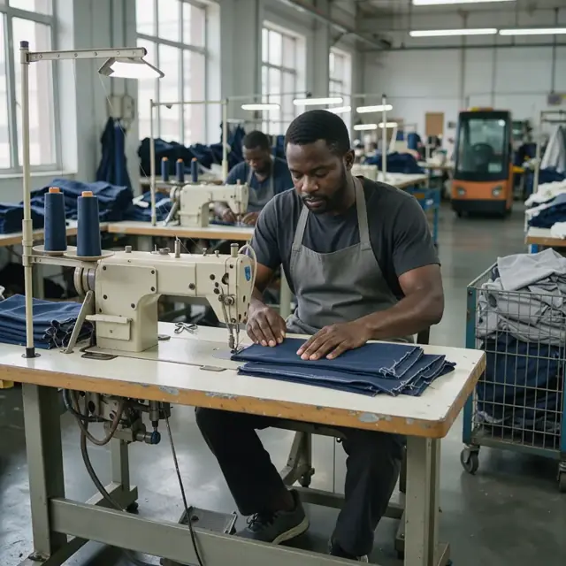 an industrial sewing machine operator stitching a seam on a stack of garment pieces at a workstation with overhead lighting