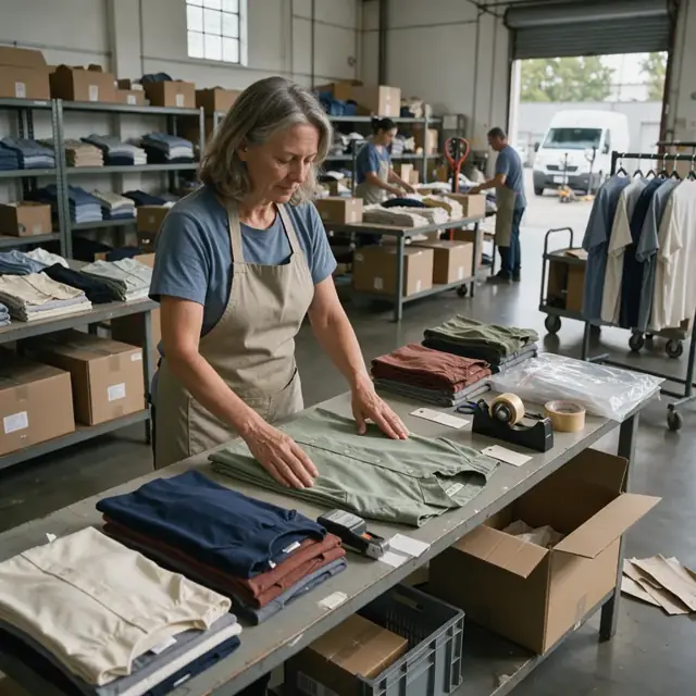 a worker folding a finished shirt on a packing table surrounded by stacks of folded garments, labels and shipping boxes