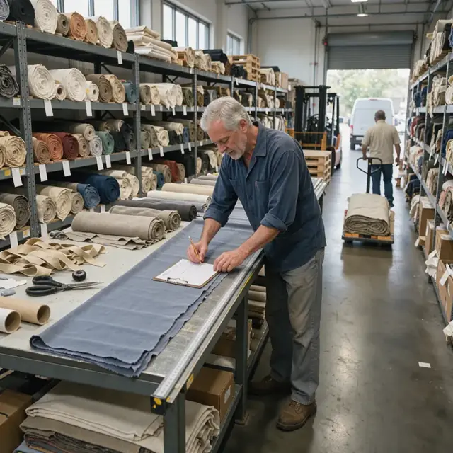 a stockroom with bolts of fabric on shelves, a worker measuring a length of material against an inventory sheet on a clipboard