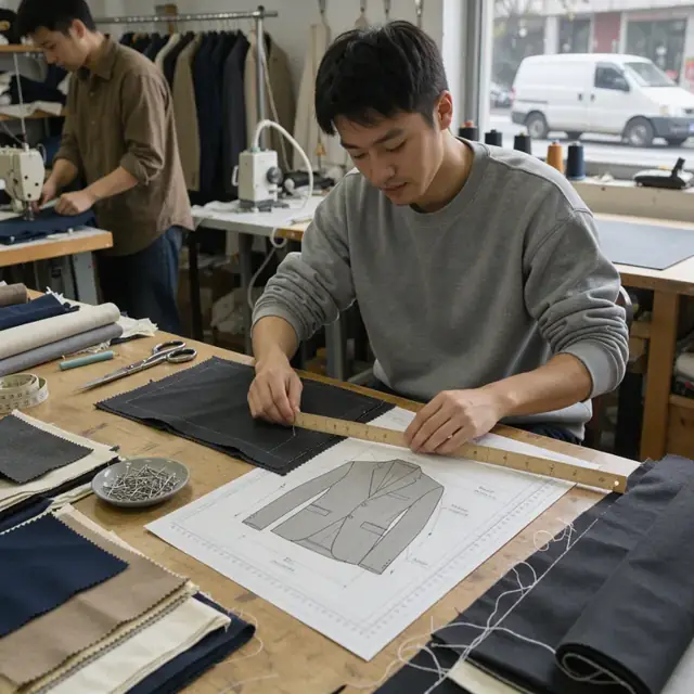 a work table covered with fabric swatches, measurement charts and a technical drawing of a jacket with notes on sleeve length and pocket placement