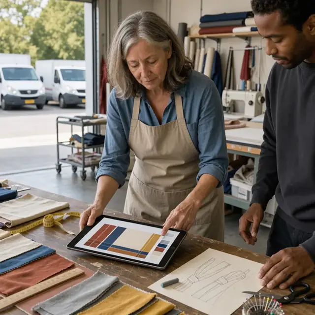 a work table covered with fabric swatches, measuring tape and sketch paper while a worker reviews a tablet showing a customer scarf design
