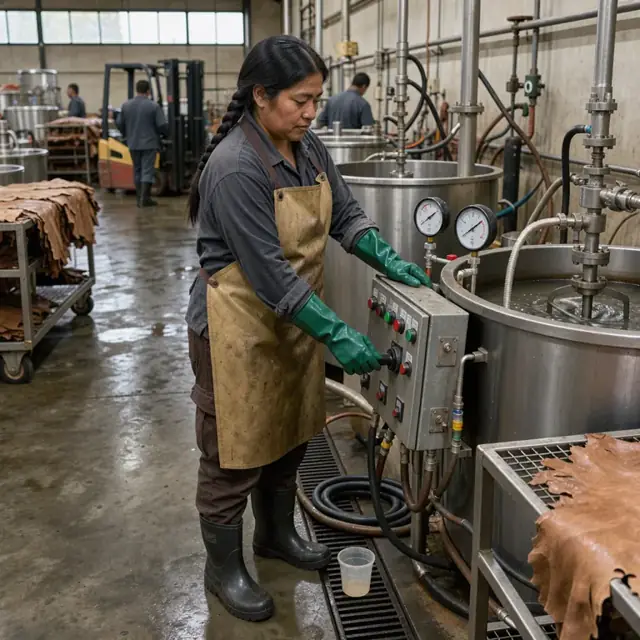a worker monitoring temperature and pH on a control panel beside a large processing vat in a leather tanning facility