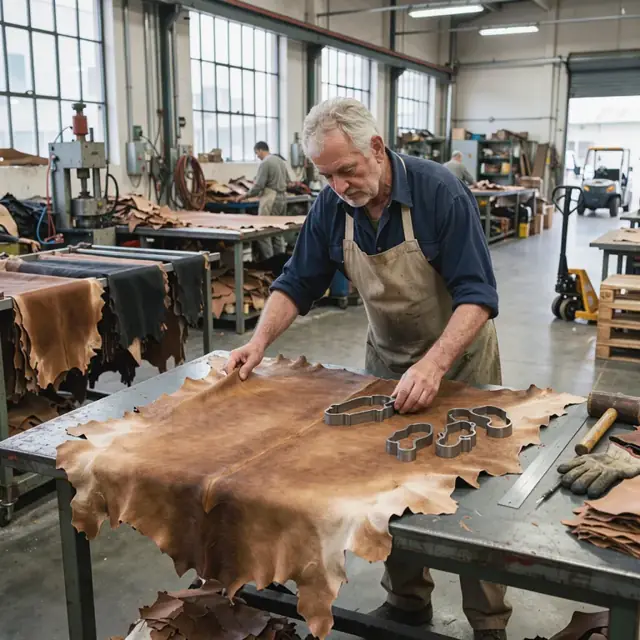 a worker spreading a large hide on a cutting table and positioning metal dies for shoe uppers under overhead lighting