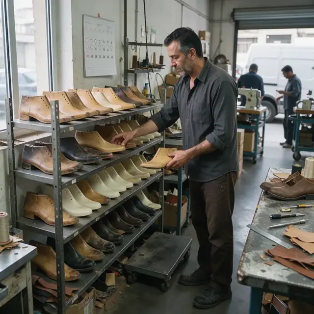 a worker arranging shoe lasts on shelves next to a wall calendar marked with production run dates in a workshop