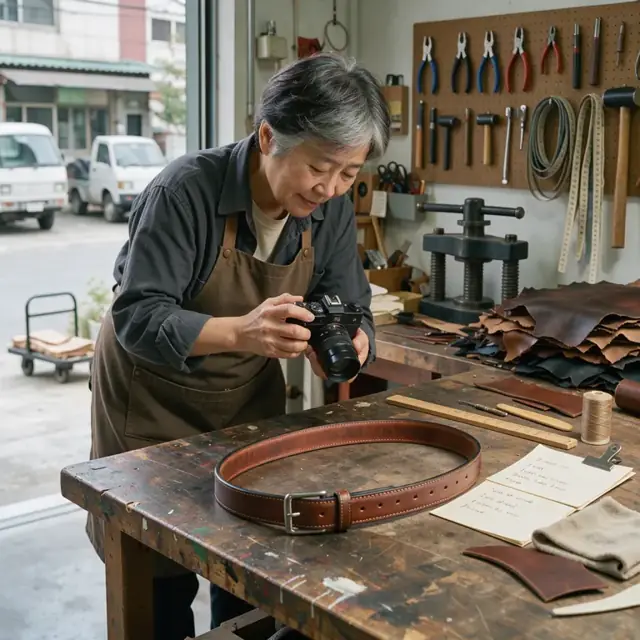 a leather artisan photographing a finished custom belt on a wooden surface with note cards listing customer preferences nearby