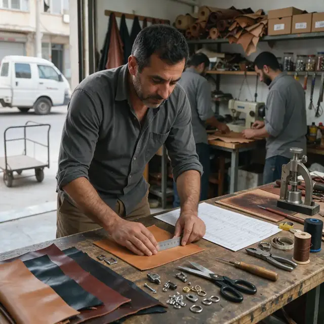 a workbench covered with leather samples, metal hardware pieces and handwritten order sheets with measurements and sketches