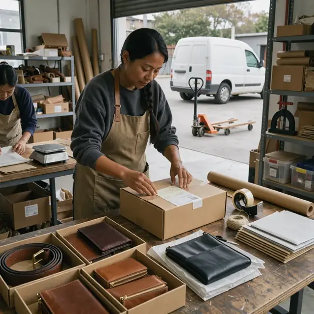 a workbench with finished leather goods in boxes, shipping labels being attached and packing materials ready