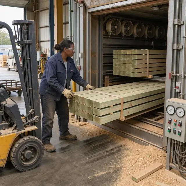 a worker loading stacks of green lumber into a large dry kiln with temperature gauges visible on the control panel