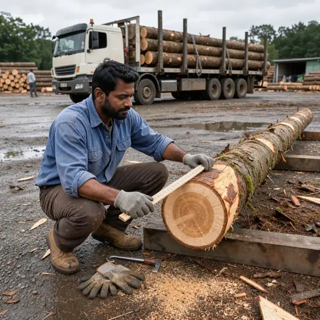 a worker measuring the diameter and length of a freshly delivered hardwood log with a scaling stick beside a loaded log truck in the yard
