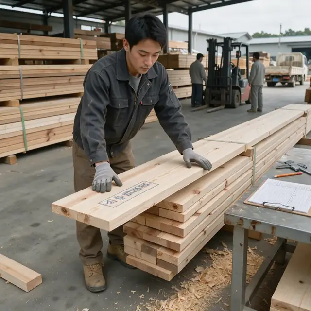 a worker examining the face and edge of a stack of dried lumber boards with a grading stamp and tally sheet on a nearby table