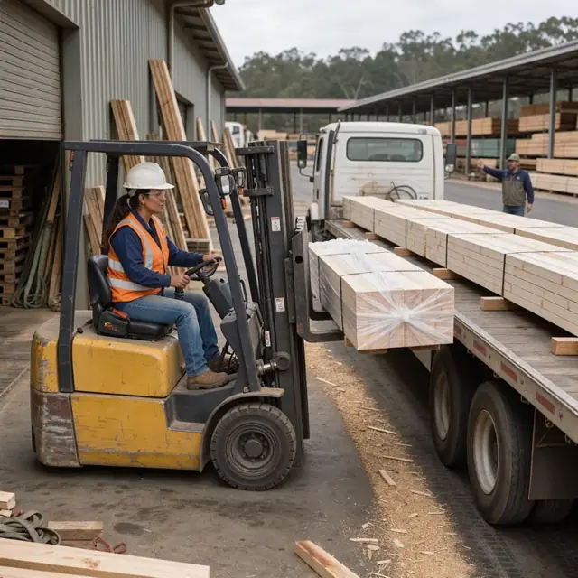 a forklift operator placing wrapped bundles of lumber onto a flatbed truck at the mill loading dock