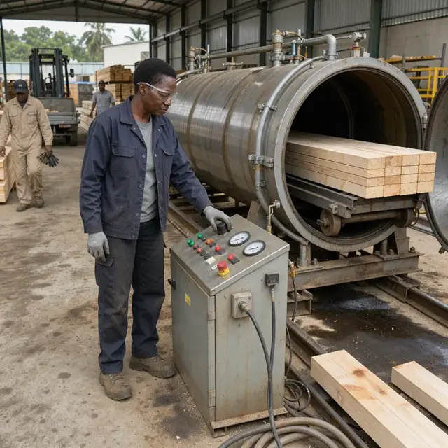 a worker standing at the control panel of a large horizontal pressure-treating cylinder with lumber visible inside the open door