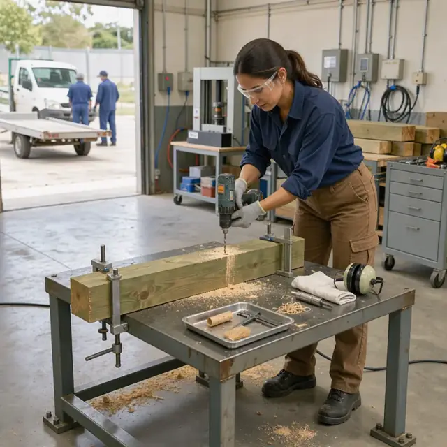 a worker boring a small core sample from a treated timber laid out on a test table in a laboratory area