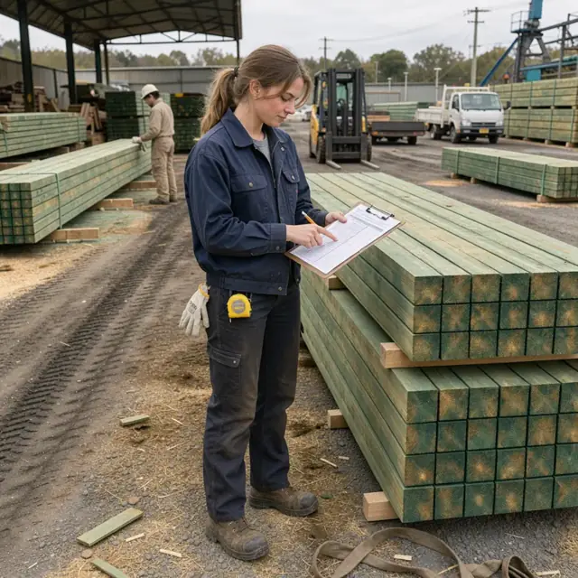 a worker reviewing order specifications next to stacks of green lumber in an open-air treating yard